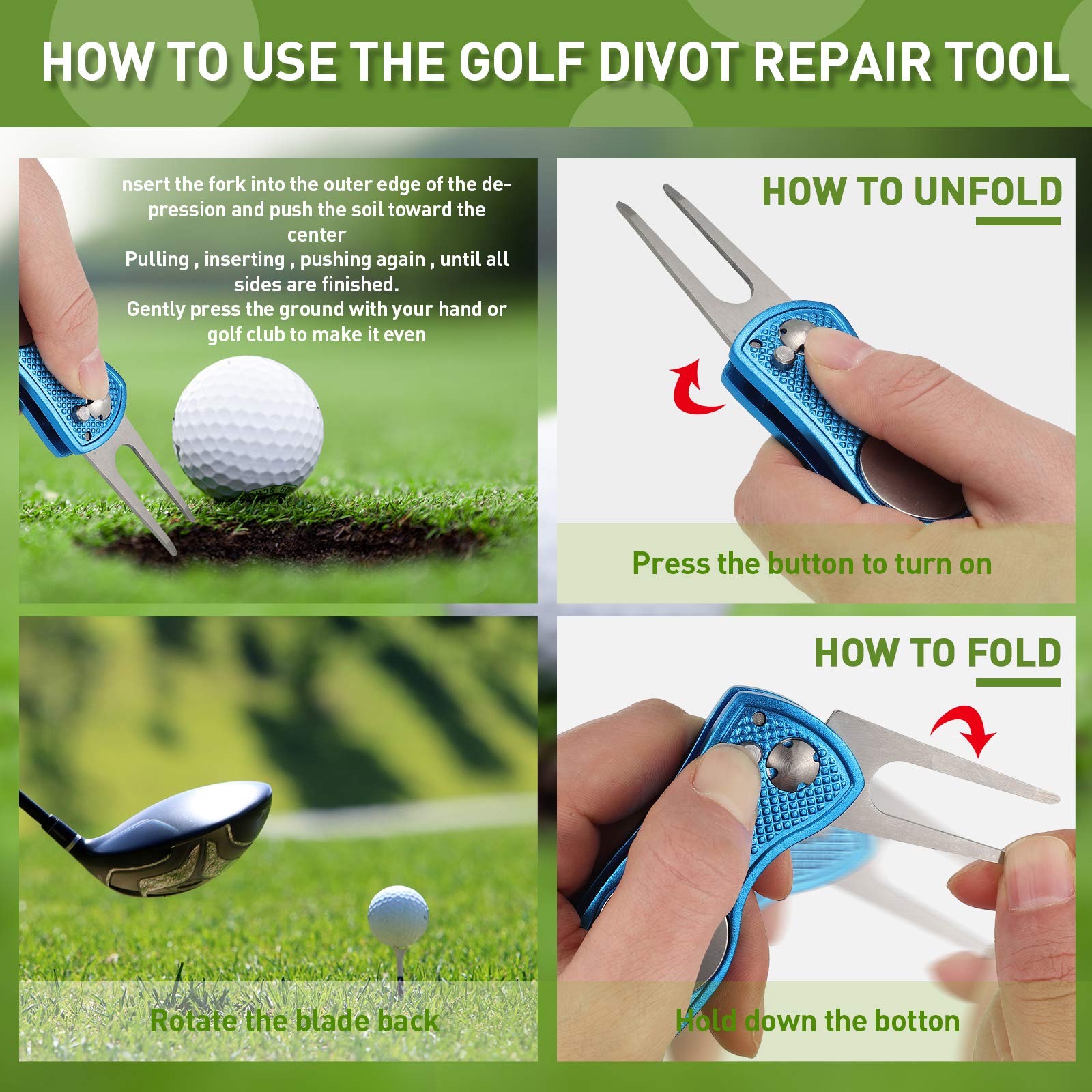 Skylety 3 Pcs Golf Divot Repair Tool Stainless Steel Foldable